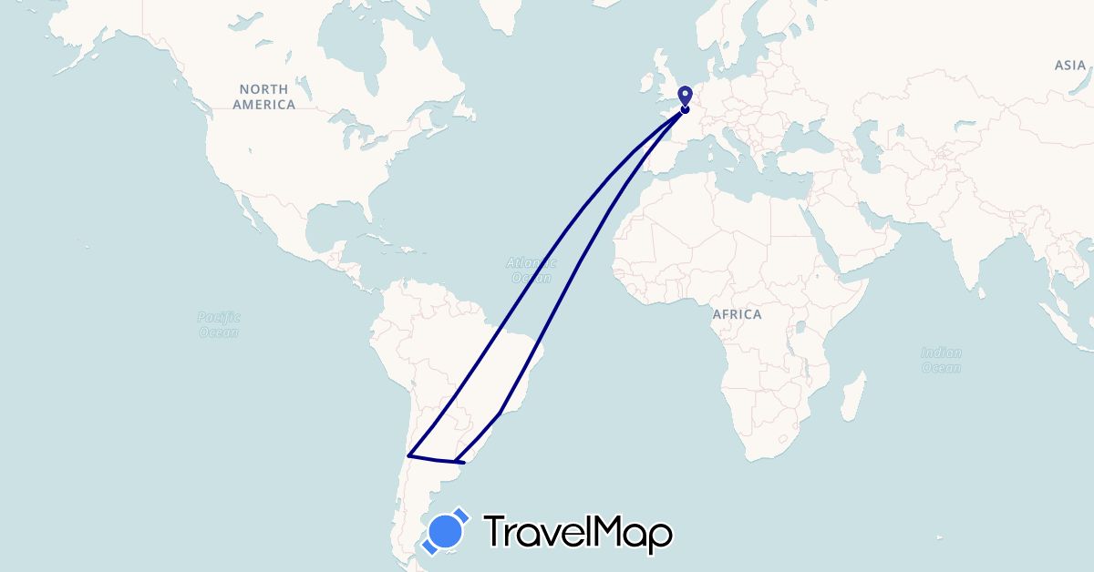 TravelMap itinerary: driving in Argentina, Brazil, Chile, France, Uruguay (Europe, South America)